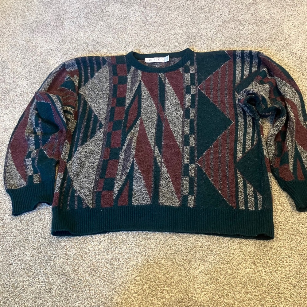 Vintage Jantzen Mens XL Geometric Abstract Sweater Green Burgundy Made in USA